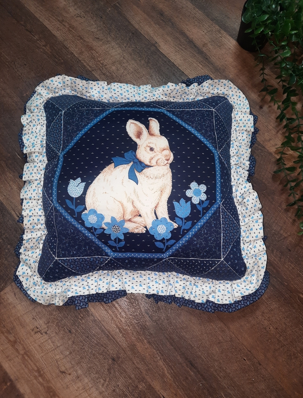 Classic Cottagecore Blue Bunny Decorative Throw Pillow - Navy & Cream